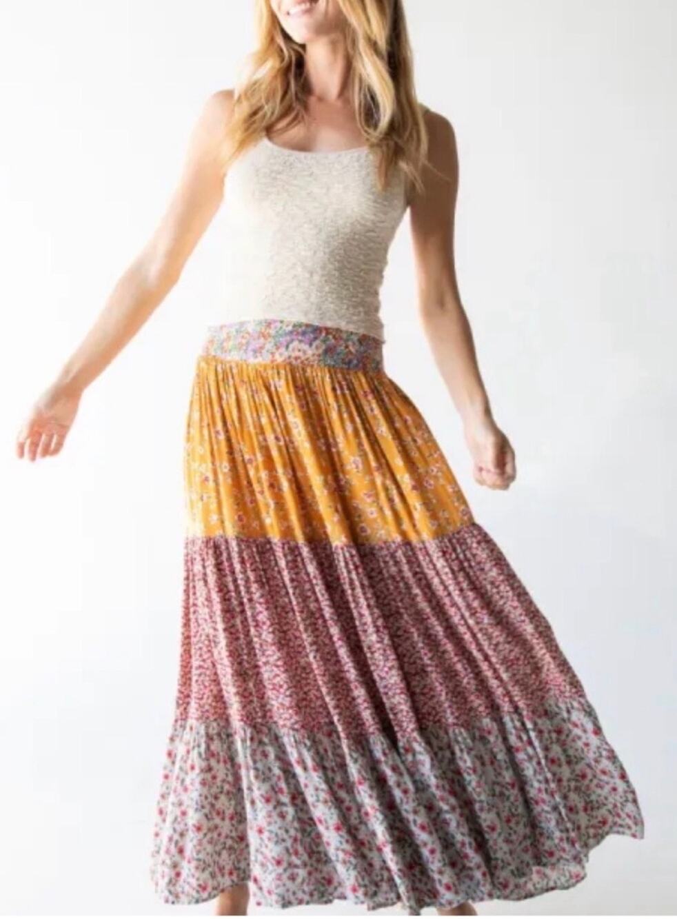 Natural Life BOHO Hanna Convertible Mixed Golden Floral Flowy Maxi Skirt Large